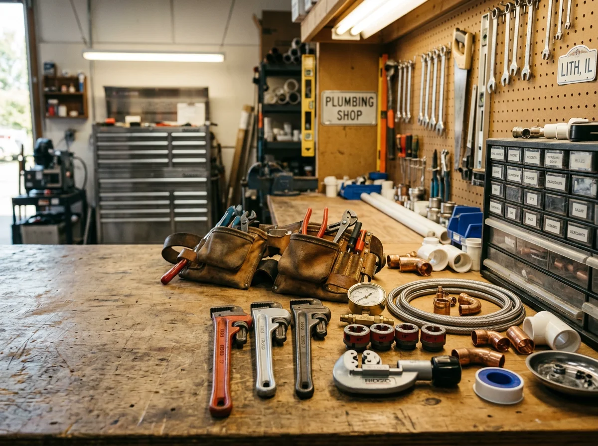 Plumbing tools and equipment arranged on a workbench, representing the trade services offered by the company.