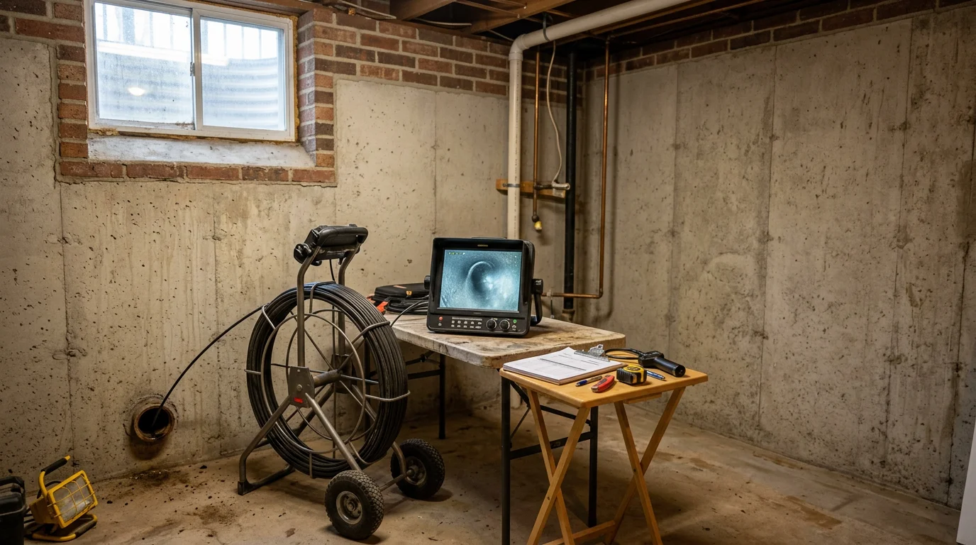Plumber performing drain camera inspection
