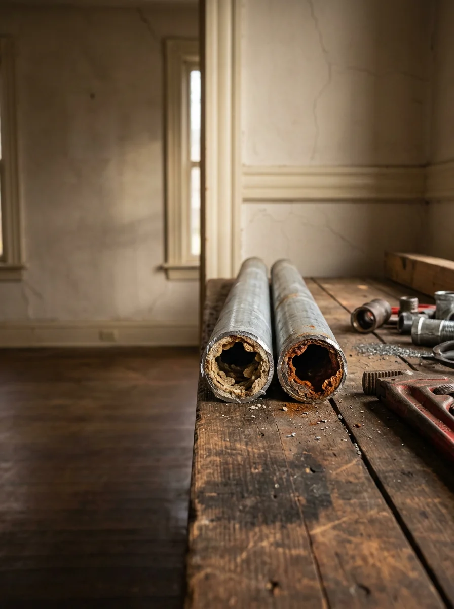 Galvanized steel supply pipes being removed from an older Elgin, Illinois home during a repipe, with visible internal corrosion and scale buildup on the cut pipe ends.