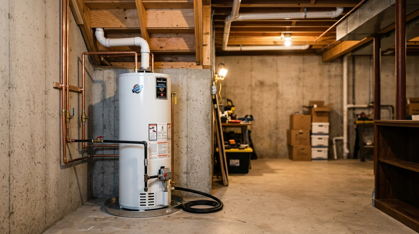 A master plumber replacing a water heater in the basement of a 1990s-era single-family home in Lake in the Hills, Illinois, with copper supply lines visible on the wall.