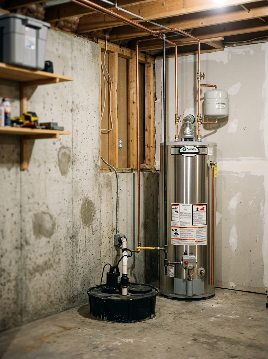 A water heater replacement in a south Naperville home, showing the new unit connected to copper supply lines in a utility room with a sump pit nearby.