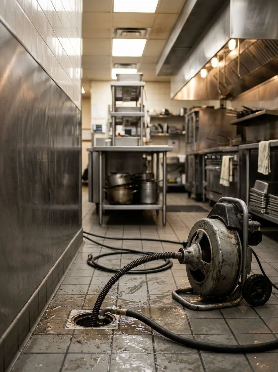 A commercial drain line being rodded in a restaurant kitchen near Woodfield Mall in Schaumburg, Illinois, with the plumber's equipment visible in the foreground.
