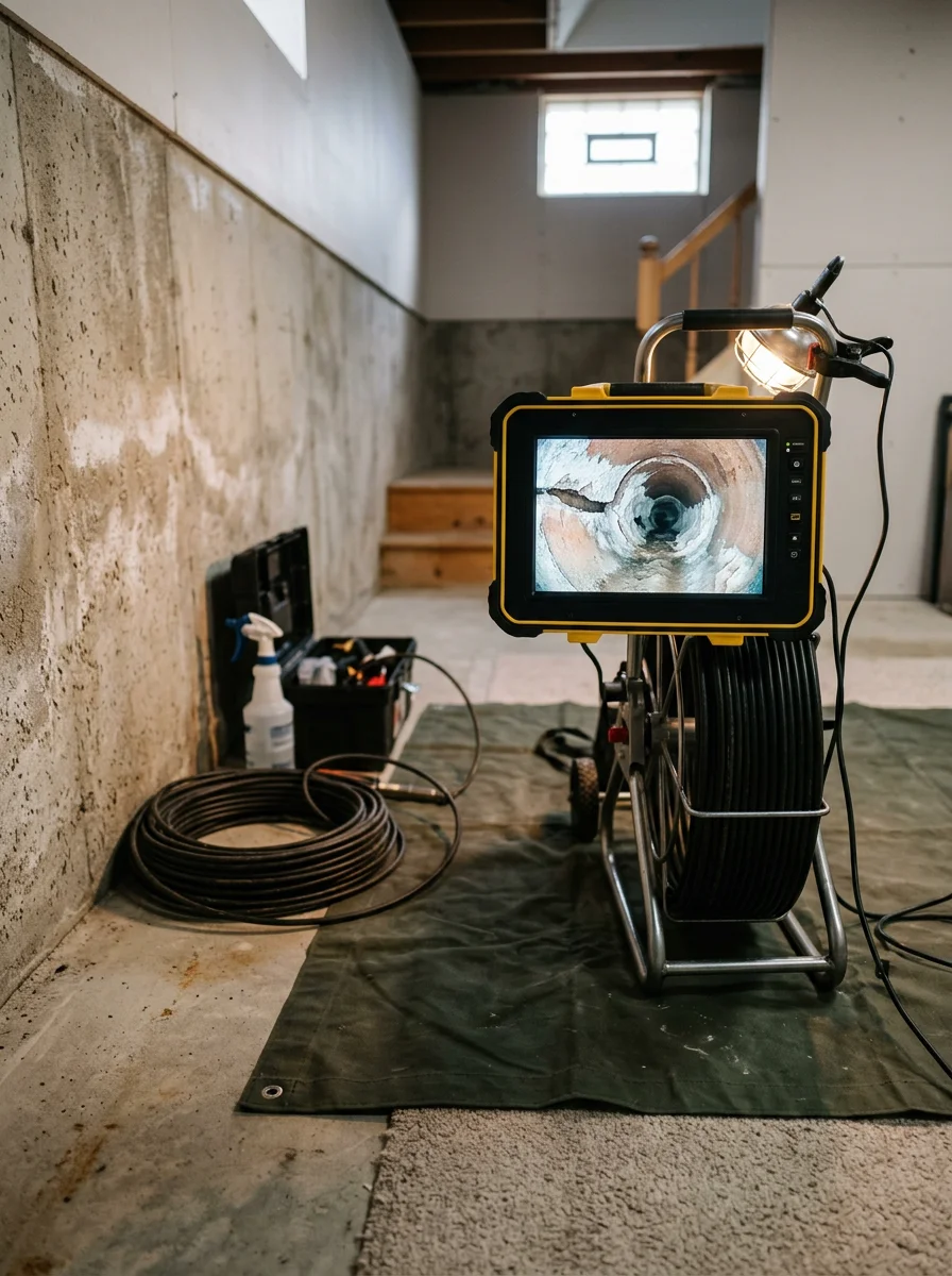 A camera scope inspection of a sewer line in a Will County home, showing the monitor displaying the interior of the pipe with visible joint separation.