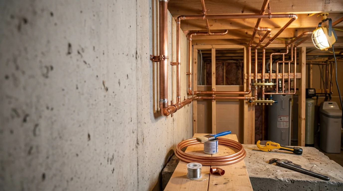 A plumber installing new copper supply pipes inside the wall cavity of a residential home in Lake in the Hills, Illinois. Bright copper pipe runs are visible along open wall framing, with soldered joints connecting horizontal and vertical lines.