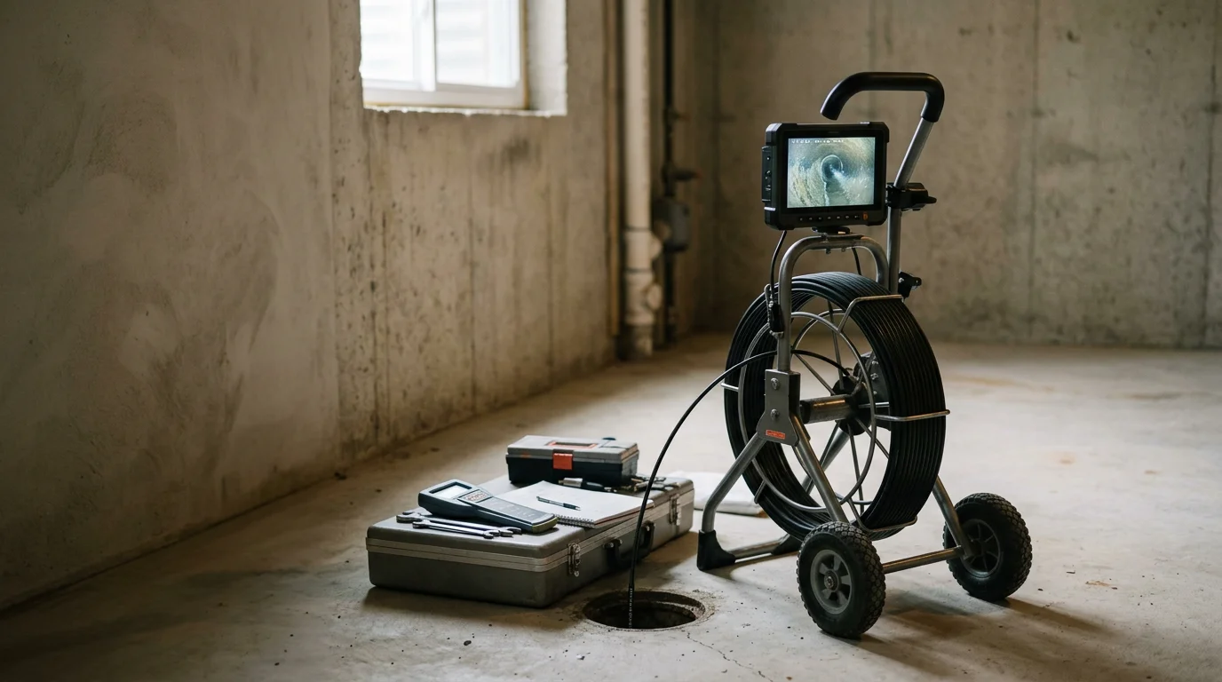 A plumber feeding a flexible drain camera cable into a residential cleanout access point. The on-screen monitor displays a live view of the interior of a drain pipe, showing buildup along the pipe walls, in a home in the Lake in the Hills and McHenry County area of Illinois.