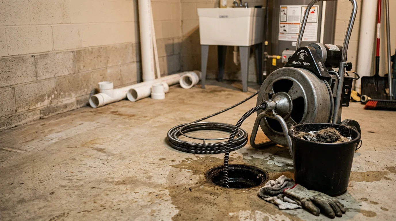 A plumber from Roccos Plumbing Group using professional rodding equipment to clear a blocked drain line in a residential home in Lake in the Hills, Illinois. The drain access point is open and the rodding cable is inserted into the pipe.