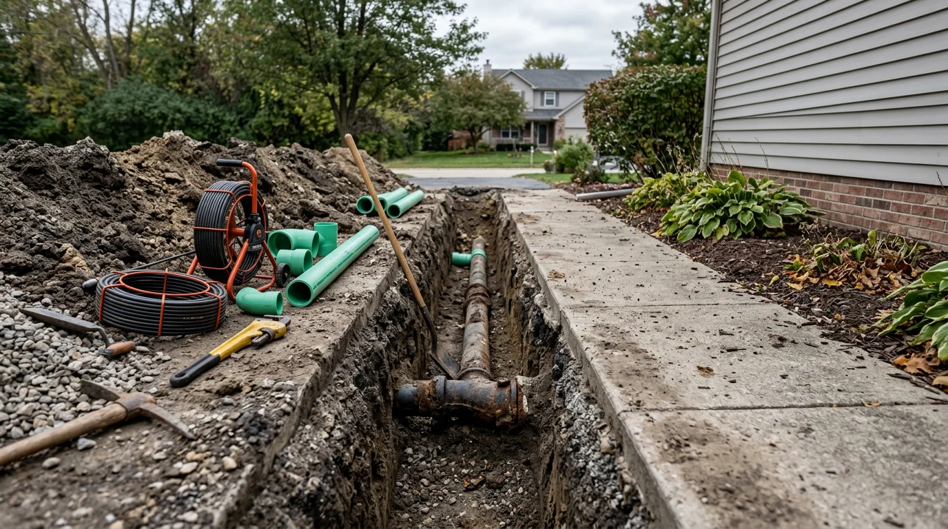 A plumber from Roccos Plumbing Group inspecting an exposed underground drain line at a residential property in McHenry County, Illinois. The image shows a cracked clay pipe section being assessed for repair in a suburban yard.