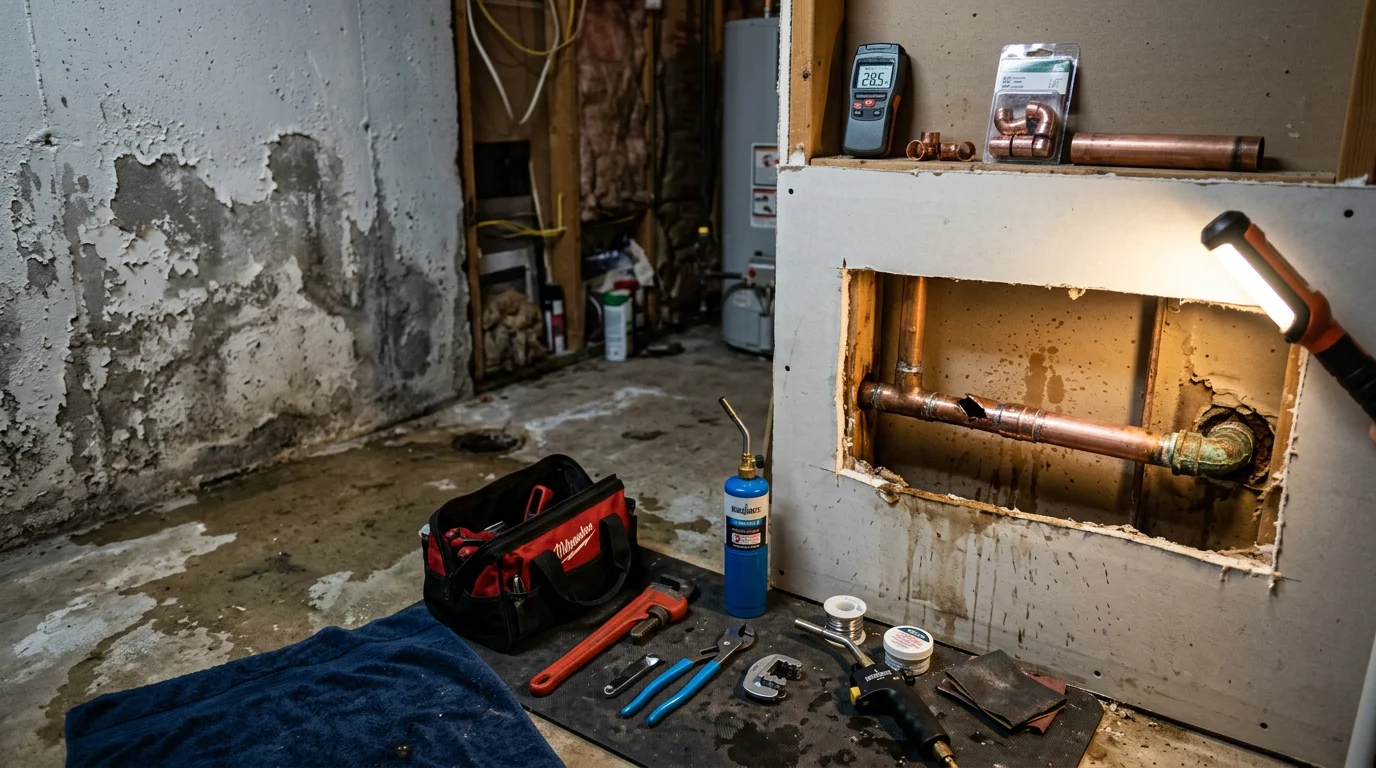 A plumber repairing a burst pipe beneath a kitchen sink in a Lake in the Hills, Illinois home, with water damage visible on the cabinet floor. The technician uses hand tools to replace the damaged section of pipe during an emergency plumbing repair call.