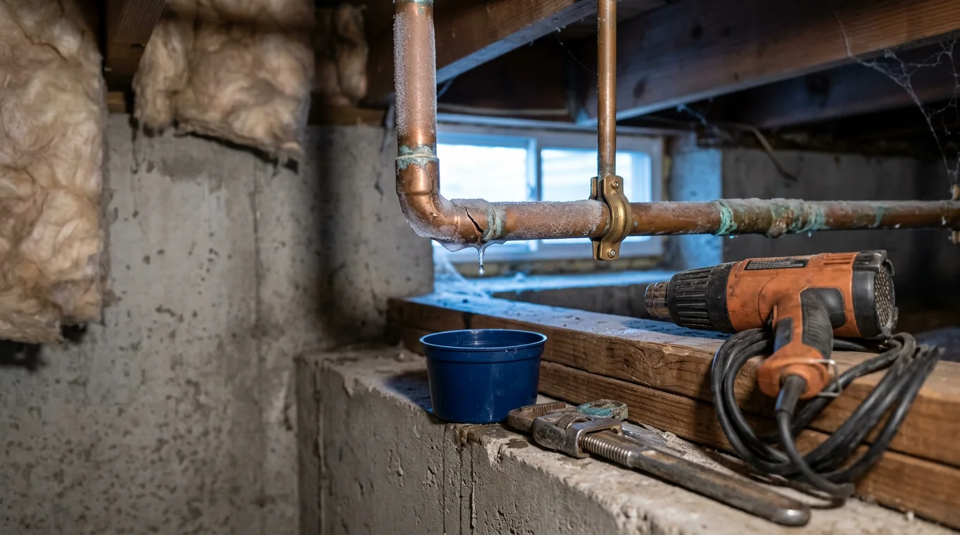 A plumber inspecting a frozen pipe along an exterior wall inside an Illinois home during winter. The pipe shows frost buildup and is located in an unheated crawl space typical of homes in Lake in the Hills and the surrounding McHenry County area.