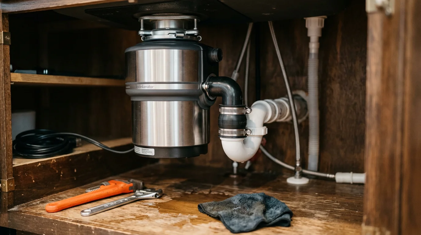 A plumber securing a new garbage disposal unit beneath a kitchen sink in a residential home in Lake in the Hills, Illinois. The drain line and mounting assembly are visible and properly connected.