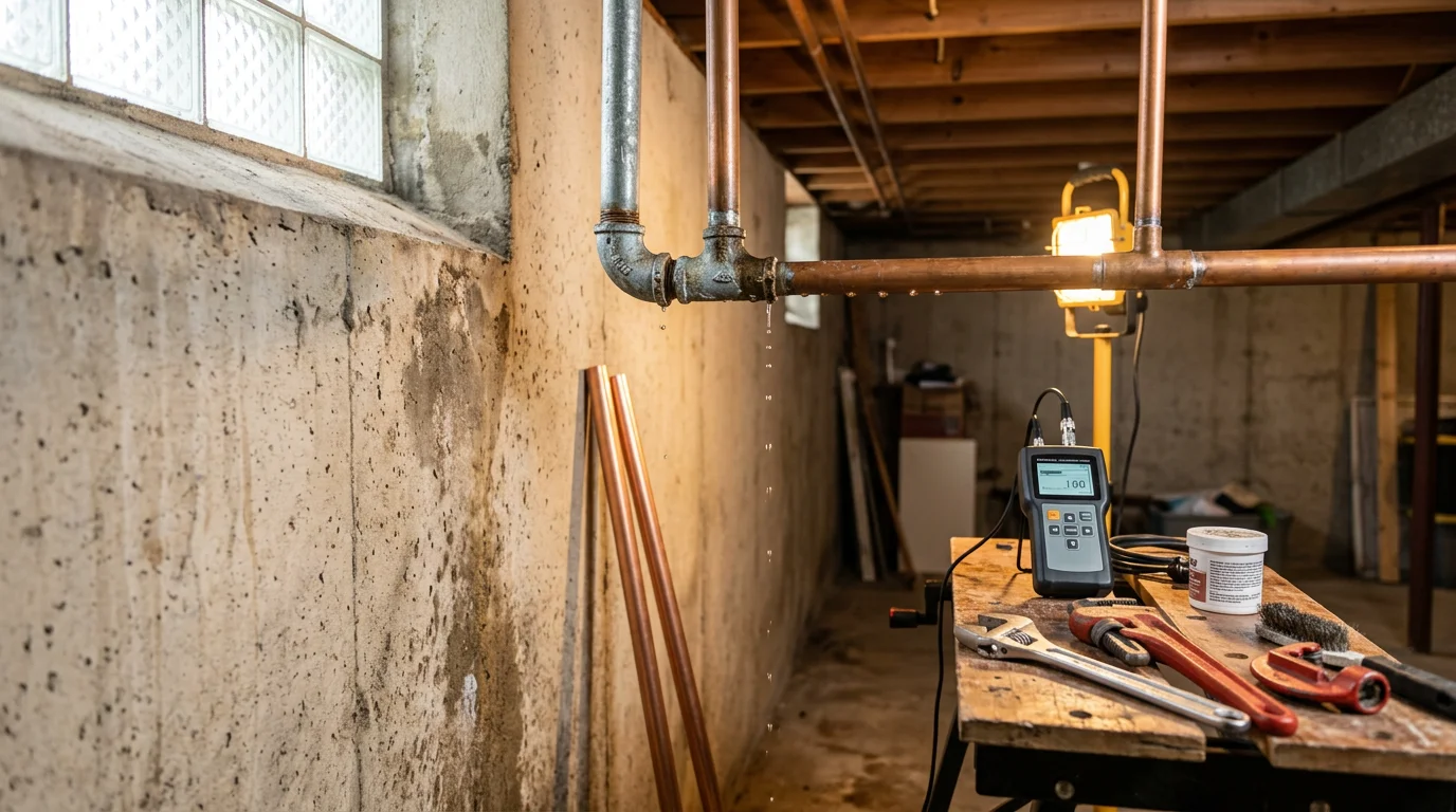 A plumber repairing a leaking pipe joint beneath a kitchen sink in a suburban Illinois home. Water staining is visible on the cabinet interior, showing the damage caused before the repair was made.