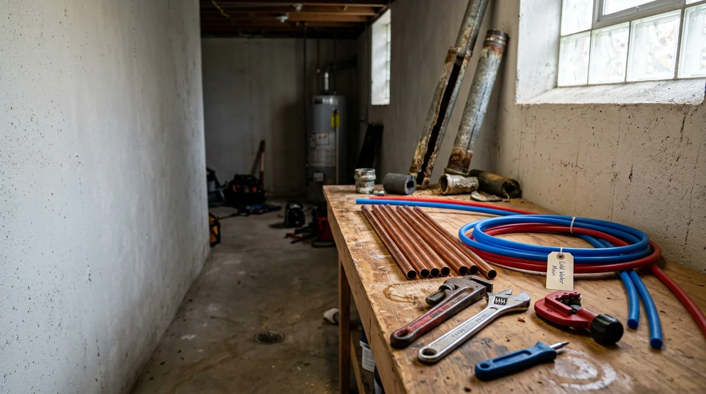 A plumber replacing corroded galvanized supply pipes inside the basement of an older home in Lake in the Hills, Illinois. New pipe sections are staged nearby, ready for installation.