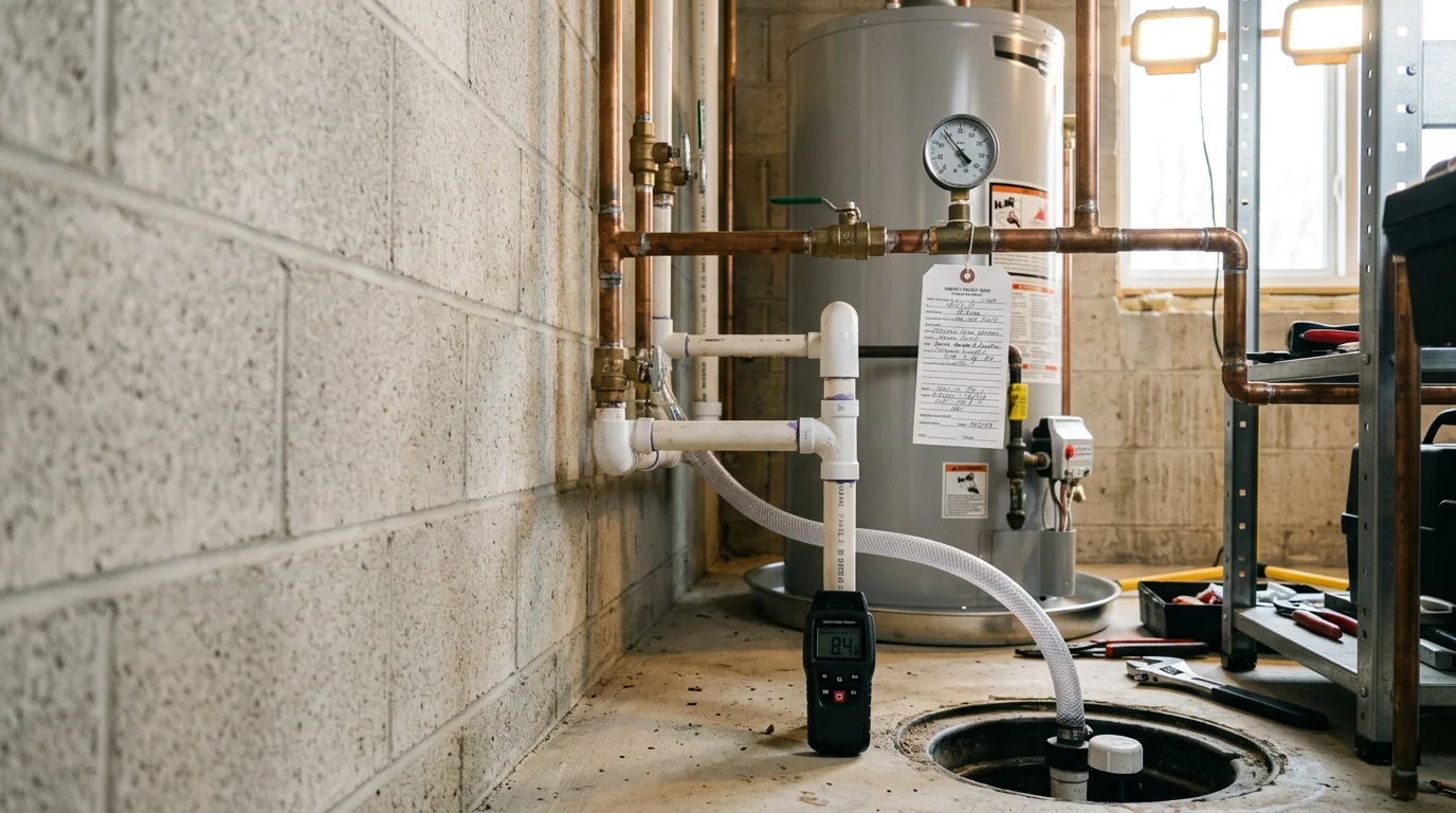 A plumber inspecting exposed water supply pipes and shut-off valves in the utility area of a residential home in Lake in the Hills, Illinois. The image shows a hands-on pipe and pressure check during a full plumbing system inspection.