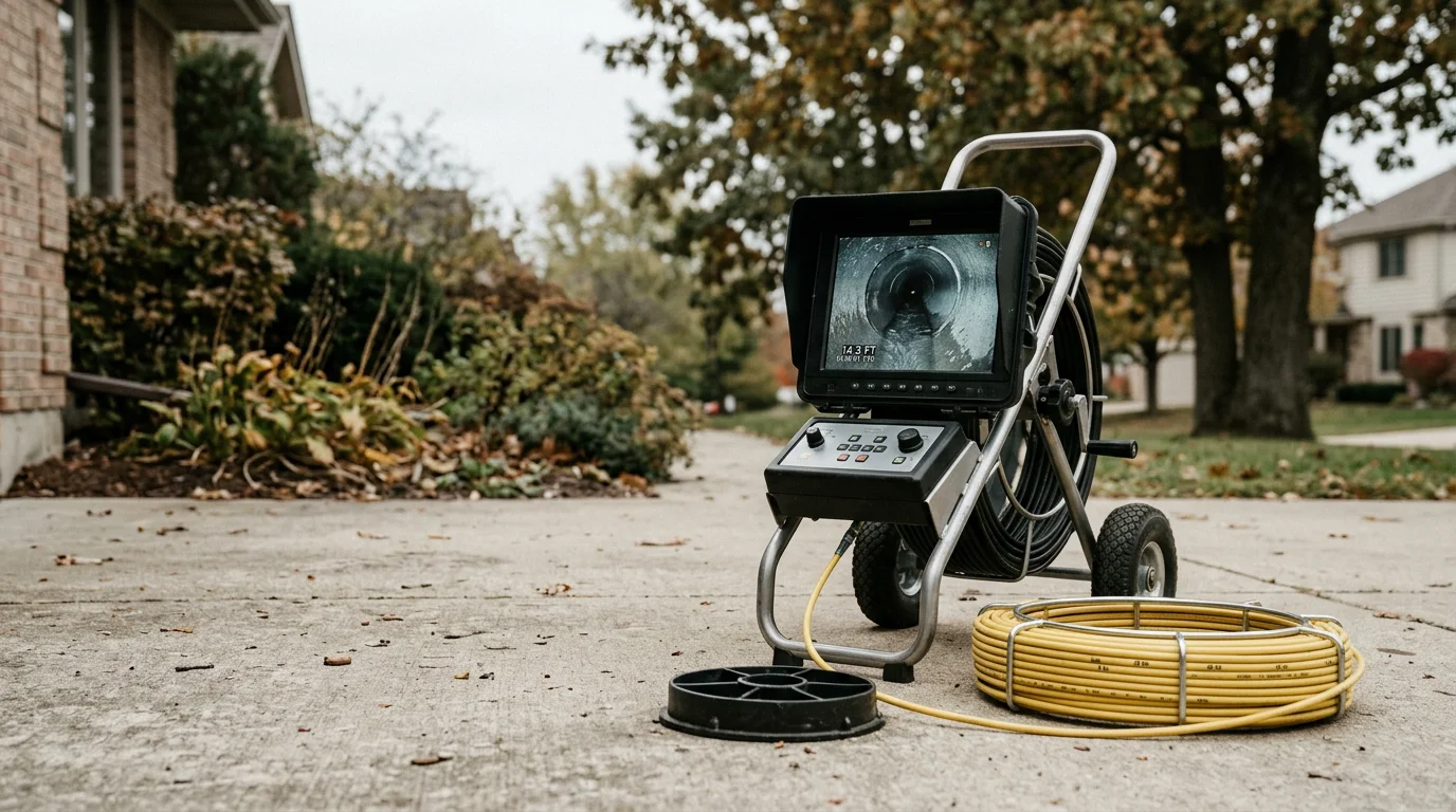 A plumber from Roccos Plumbing Group preparing a sewer line inspection camera at a residential cleanout in Lake in the Hills, Illinois. The camera feed monitor shows the interior of an underground sewer pipe being evaluated for blockages and pipe condition.