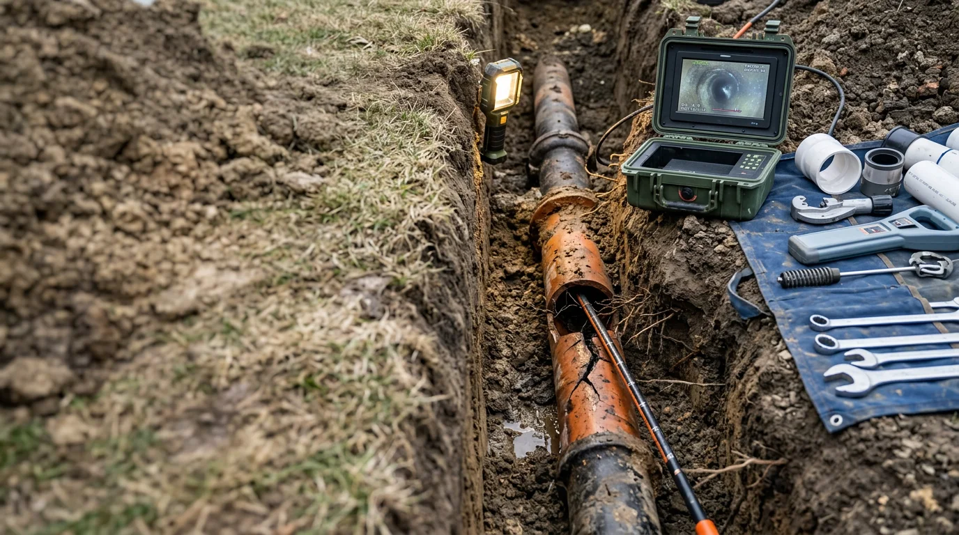 A plumber from Roccos Plumbing Group running a camera inspection on a residential sewer line in Lake in the Hills, Illinois. The monitor shows the interior of a clay sewer pipe with visible root intrusion and joint separation.