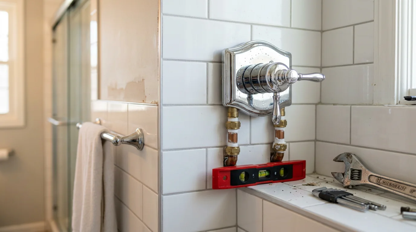 A newly installed shower mixer valve mounted flush on a tiled bathroom wall in a residential home in Lake in the Hills, Illinois. The valve shows clean supply line connections and a single control handle ready for use.