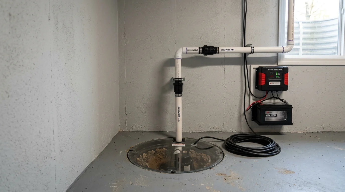 A newly installed sump pump system inside a dry basement in Lake in the Hills, Illinois, with a discharge line routed away from the foundation. The sump pit is clean and properly sized, showing a complete professional installation ready for storm season.