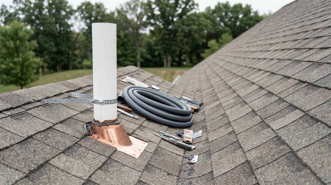 A plumber installing a new vent line pipe through the wall framing of a residential home in the McHenry County, Illinois area. The pipe connects to the drain stack below and runs upward toward the roof to complete the vent system.
