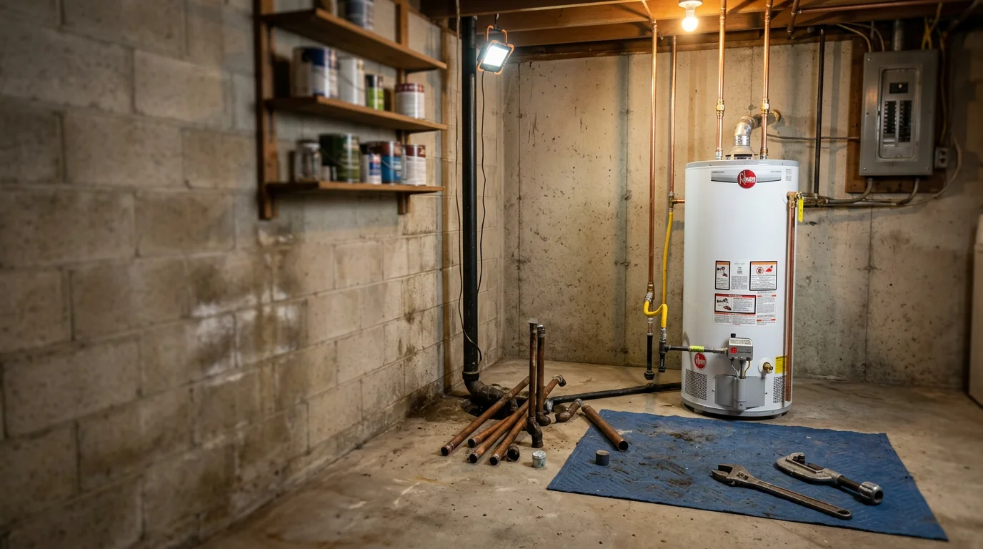 A plumber from Roccos Plumbing Group installing a new water heater in a residential utility room in Lake in the Hills, Illinois. The old tank has been removed and the new unit is being connected to the supply lines.